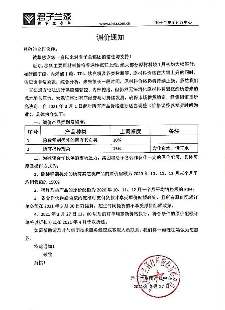 君子兰集团调价通知函 君子兰集团调价通知函