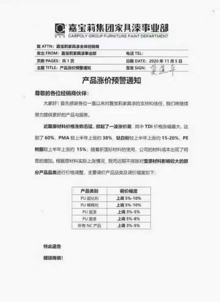 嘉宝莉集团调价通知函 嘉宝莉集团调价通知函